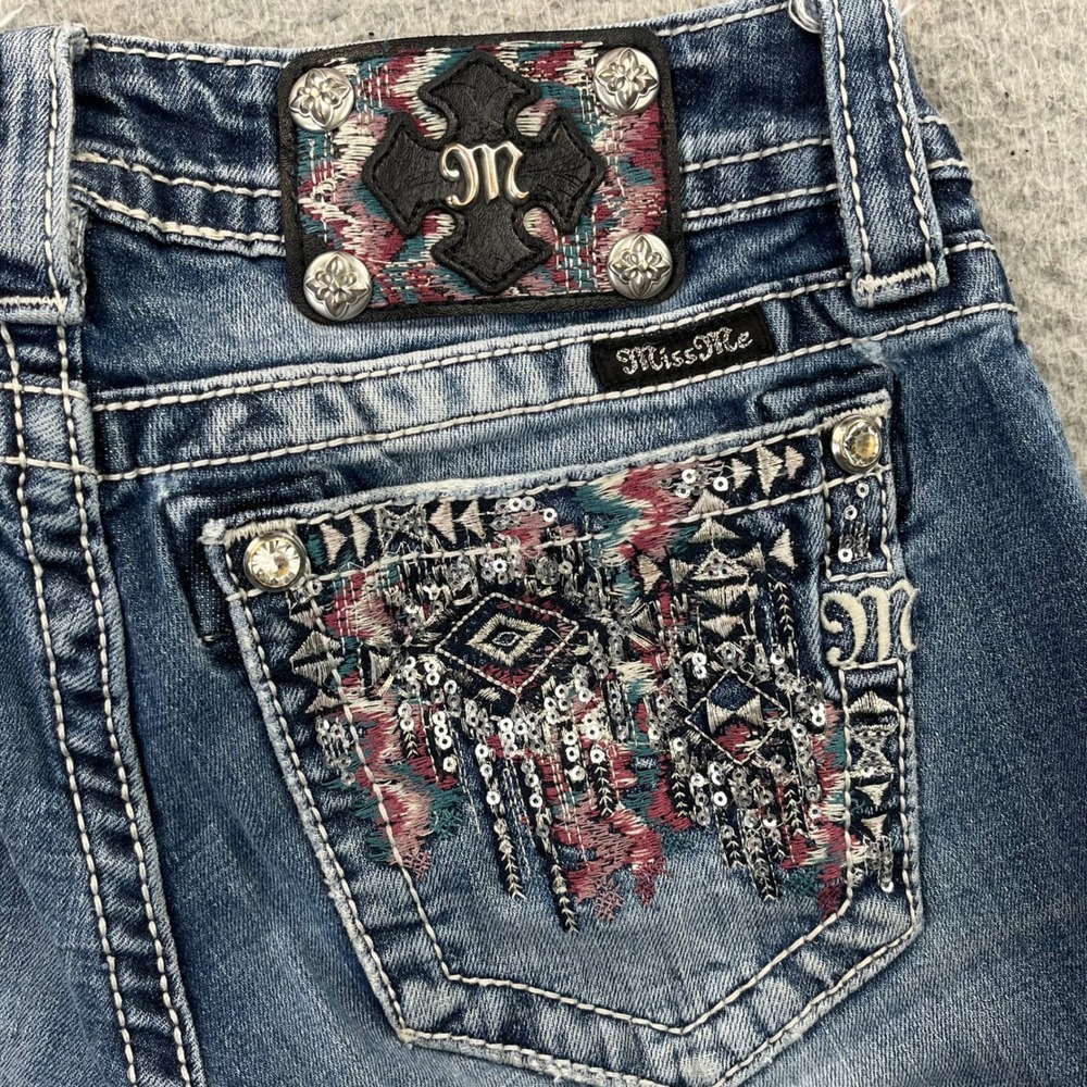Miss Me Jeans Women 25 Blue Signature Boot Distressed Embroidered Rhinestone